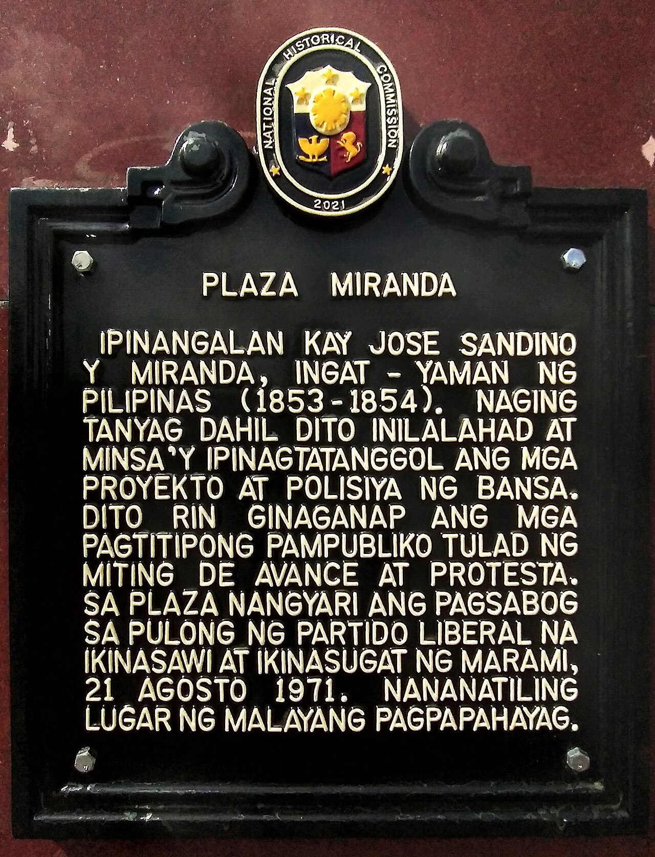 Plaza Miranda historical marker