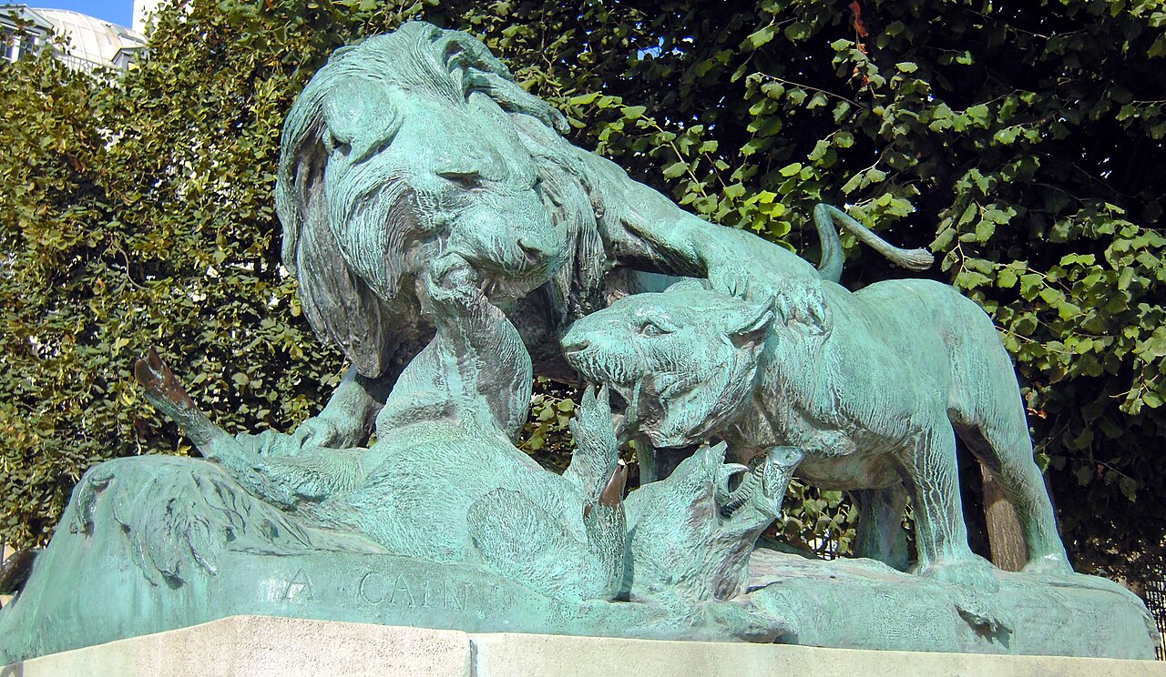 Lion et lionne se disputant un sanglier